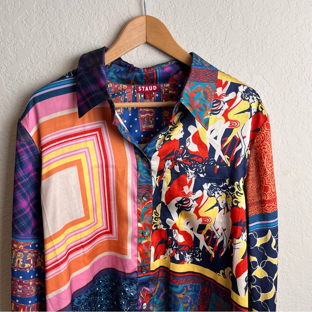 STAUD Martha Patchwork Satin Tunic Blouse L Colorblock Boho Top - Picture 6 of 13